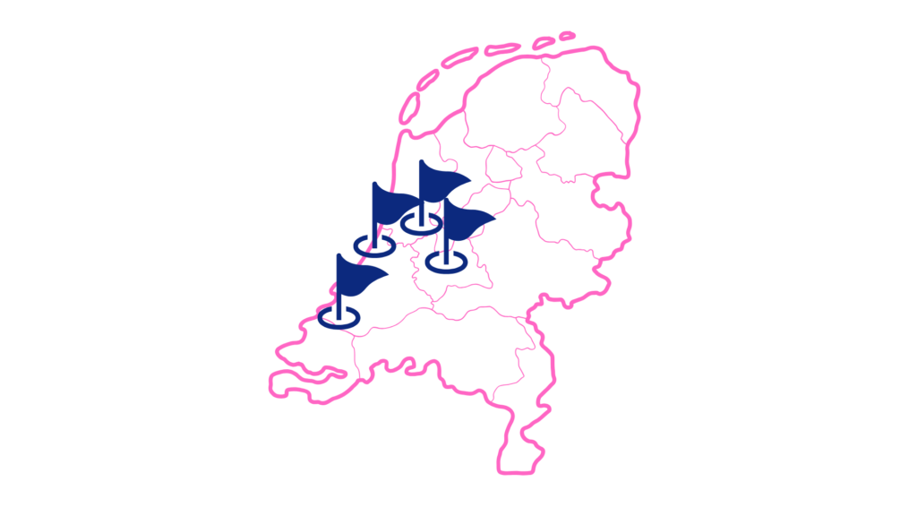 Kaart van Nederland met blauwe vlaggen op Amsterdam, Rotterdam, Den Haag en Utrecht – lokaal werkgebied van Sitemade4U.nl