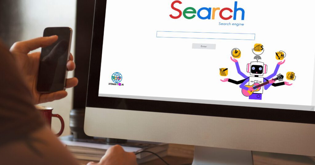 Illustratie van AI-robot met meerdere armen die creativiteit en webdesign symboliseert, weergegeven naast zoekbalk en Sitemade4u.nl-logo op computerscherm