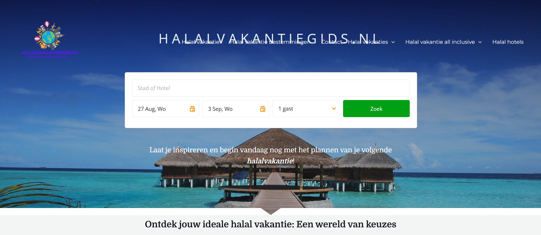 Homepage Halalvakantiegids.nl met zoekmodule voor halal hotels en vakanties