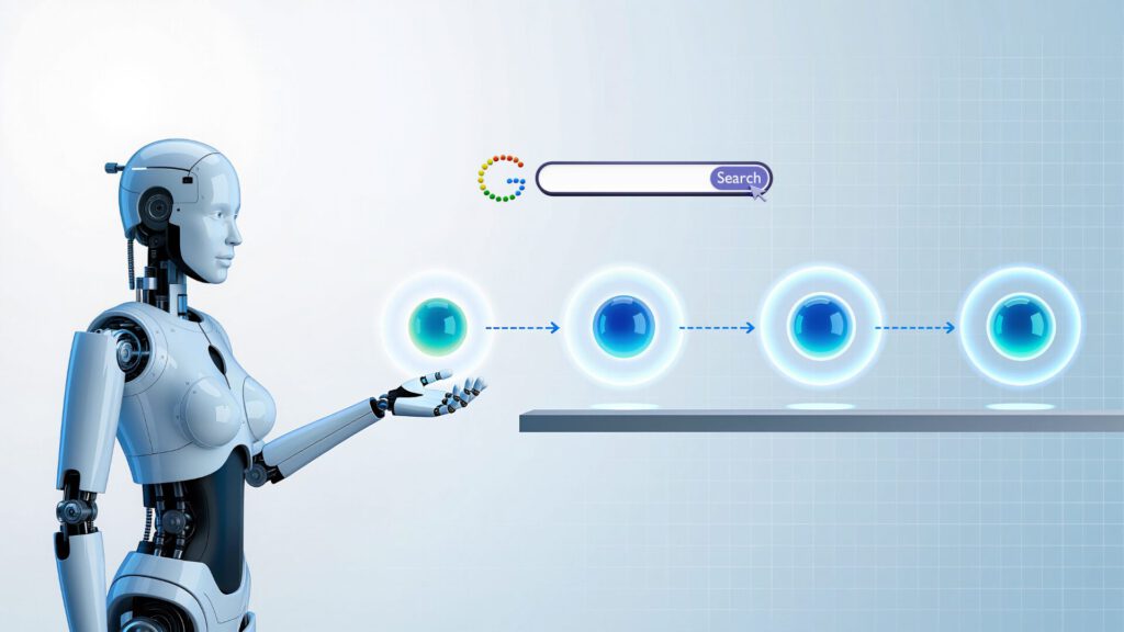 AI-robot toont zoekproces voor Super-Extended Title Tags in jouw regio voor betere SEO