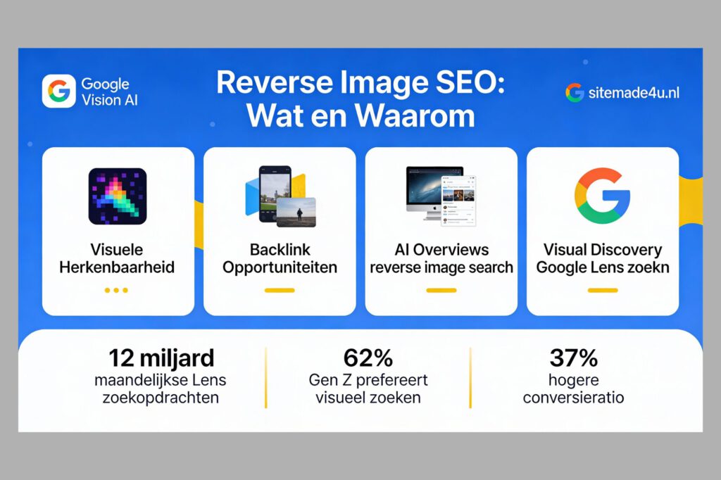 Reverse Image SEO visual voor Google Vision AI en AI Overviews, lokaal toepasbaar in jouw regio