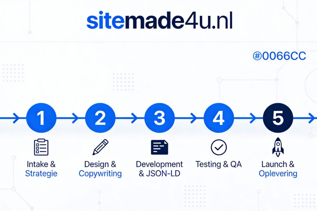 Diensten Sitemade4U proces van intake tot oplevering met SEO en JSON-LD