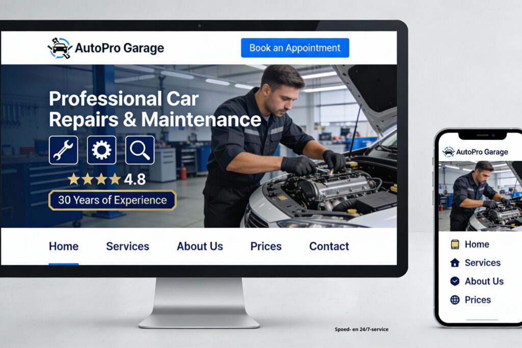 Professionele autogarage website op desktop en mobiel, BOVAG-erkend autobedrijf in jouw regio