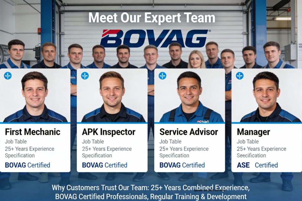 BOVAG-gecertificeerd autogarage team met ervaren monteurs en APK-keurmeesters in jouw regio