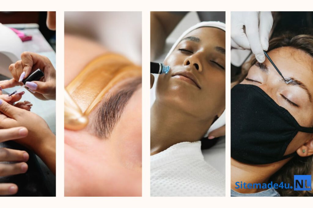 Beauty- en wellness-website structuur met salonbehandelingen zoals manicure, gezichtsbehandeling en browstyling in jouw regio