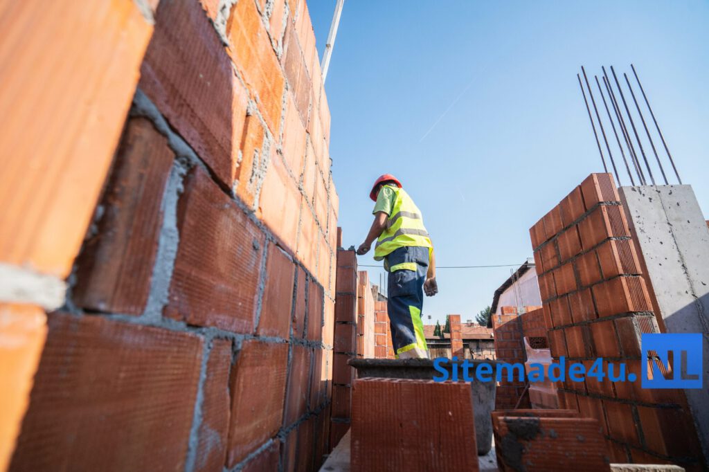 Website laten maken voor een bouwbedrijf met vakman tijdens metselwerk op bouwplaats in regio