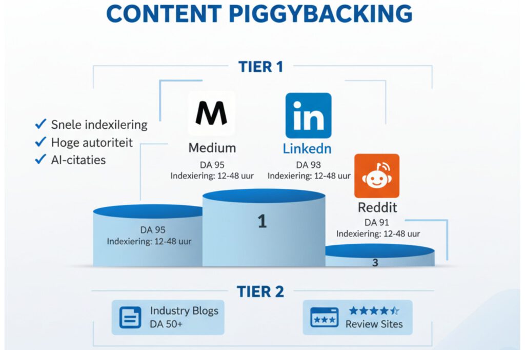 Piggyback SEO contentstrategie met Tier 1 autoritaire platforms en snelle indexering