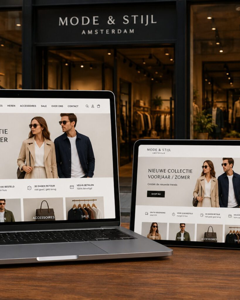 Professionele website laten maken voor winkels weergegeven op een laptop en tablet met een fysieke kledingwinkel op de achtergrond.