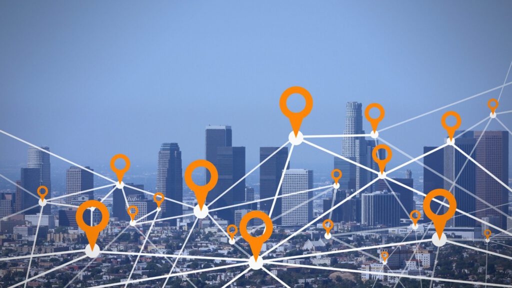Lokale SEO visualisatie met een stadsnetwerk, locatiepins en verbonden locaties die lokale zichtbaarheid en Google Maps optimalisatie illustreren.