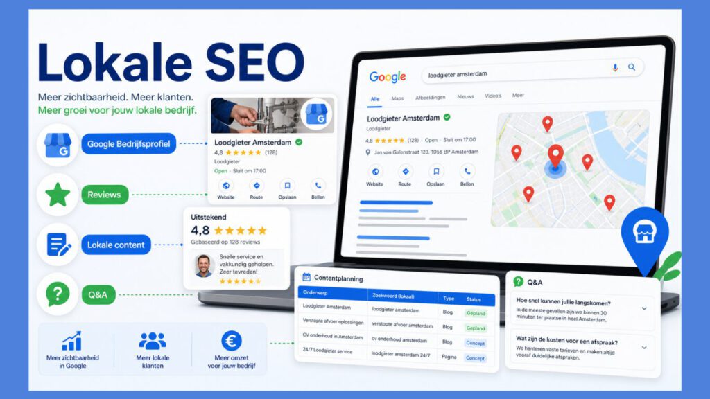 Infographic over Lokale SEO met Google Bedrijfsprofiel, reviews, lokale content, Q&A en Google Maps voor betere lokale vindbaarheid.