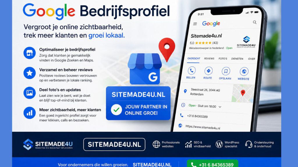 Google Bedrijfsprofiel op smartphone met bedrijfsinformatie, reviews en Google Maps voor een betere lokale online zichtbaarheid.