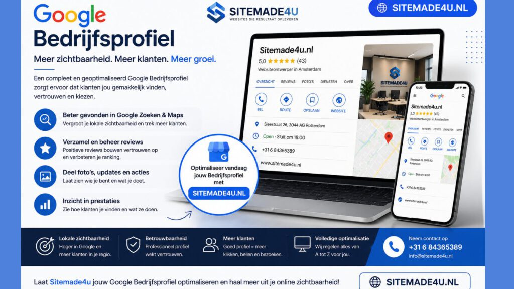 Google Bedrijfsprofiel met laptop, smartphone, reviews en Google Maps voor betere lokale vindbaarheid en meer klanten.