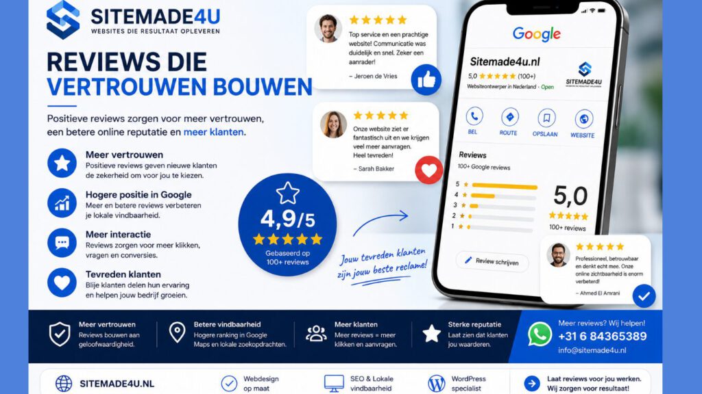 Illustratie met Google reviews, klantbeoordelingen en online reputatie die laat zien hoe positieve reviews bijdragen aan meer vertrouwen en lokale zichtbaarheid.