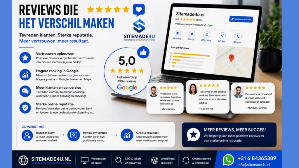 Google reviews op laptop en klantbeoordelingen die een sterke online reputatie en betere lokale vindbaarheid ondersteunen.