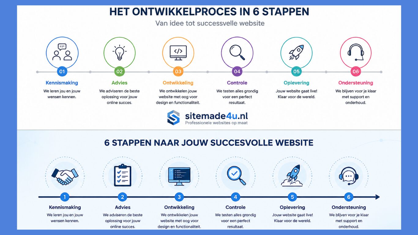 Ontwikkelproces voor een website laten maken voor winkels in 6 stappen, van kennismaking en advies tot oplevering en ondersteuning.