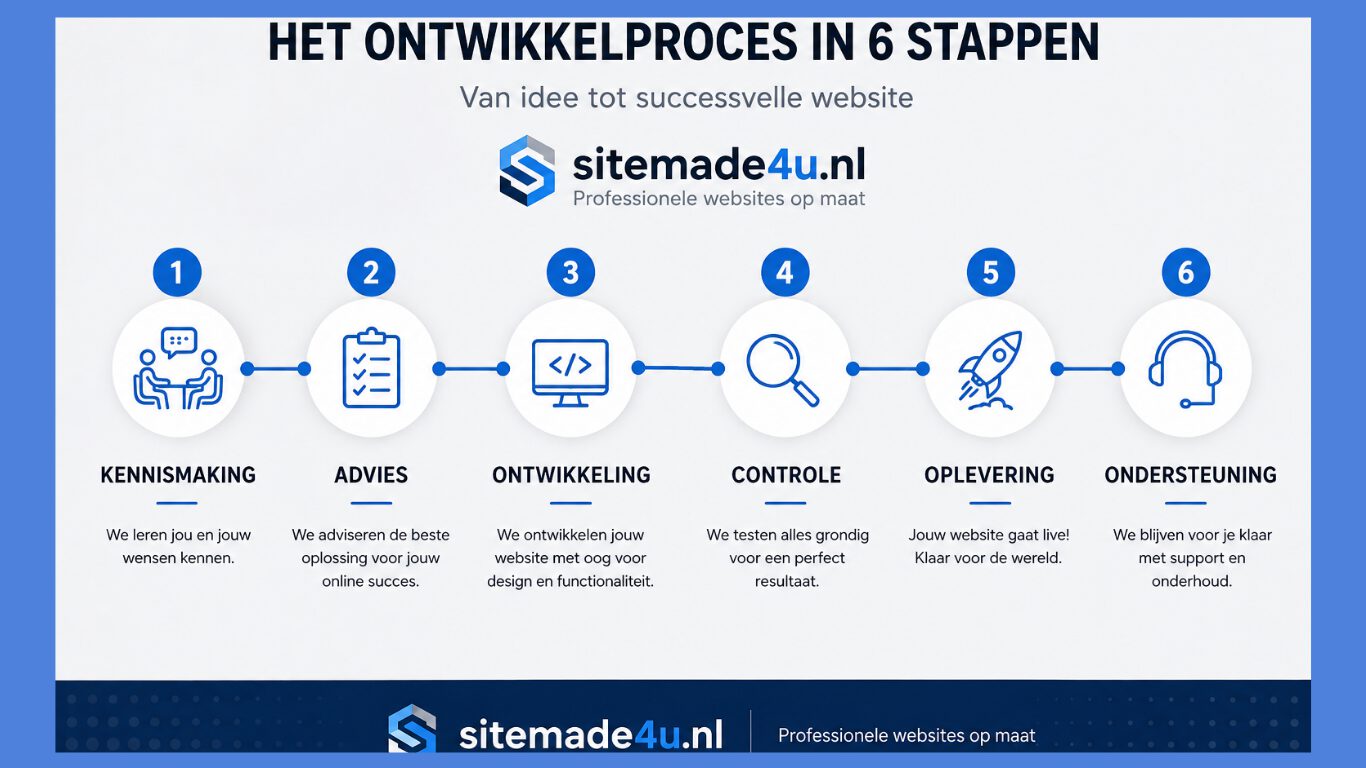 Werkwijze van Sitemade4u voor een website laten maken voor winkels met zes stappen van strategie tot ondersteuning.